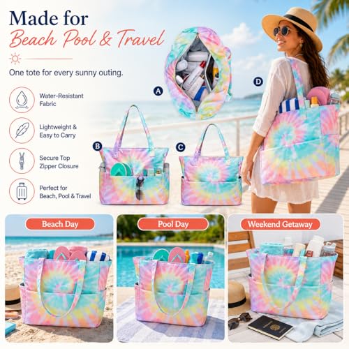 Waterproof Beach Tote Bag for Women Girls with Zipper Foldable Sandproof Pool Swim Bag Travel Carry On Gym