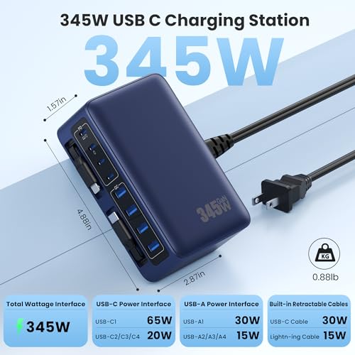 345W USB C Charger 10 in 1 Retractable Wall Charger with 2 Cables