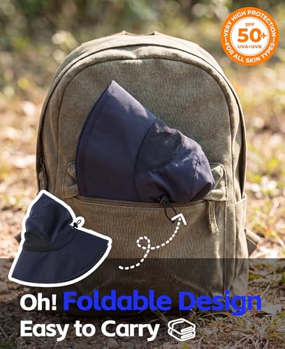 UPF50+ Mens Sun Hat Wide Brim Fishing Hat Airy Mesh UV Protection Portable Bucket Sun Hat Navy Blue