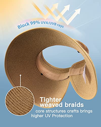 Womens Sun Hat with Ponytail Hole Wide Brim Beach Straw Visor Khaki
