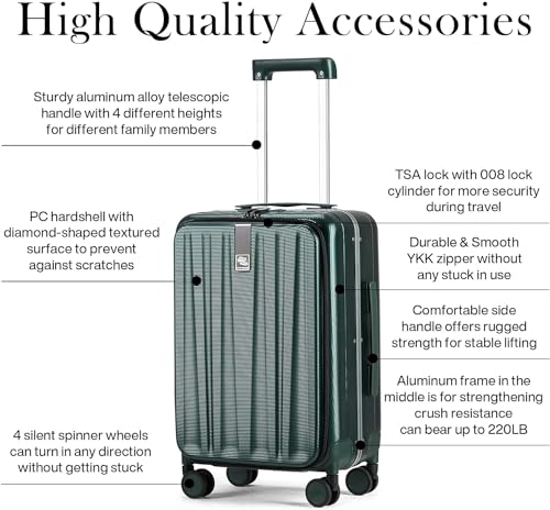 20 Inch Carry On Luggage Aluminum Frame Front Opening Rolling Suitcase PC Hard Sided Luggage with Spinner Wheels Travel Luggage for Woman Men Gifts