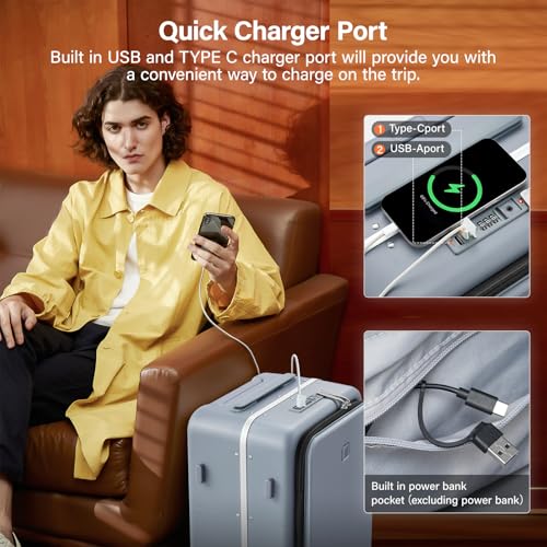 28 Inch Checked Luggage with Cup Holder and USB Ports