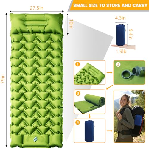 4in Ultralight Camping Sleeping Pad with Pillow and Foot Pump