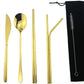 7 Pcs Portable Flatware Set, 304 Stainless Steel Cutlery Set Travel Utensils Set w/Pouch Fork Spoon Chopsticks Straws for Travel Camping Office School, Dishwasher Safe & Eco-Friendly (Gold)