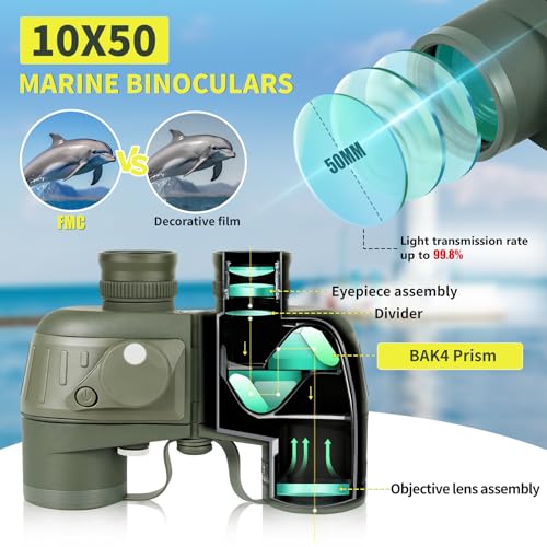Marine Binoculars 10x50 with Compass and Rangefinder for Boating