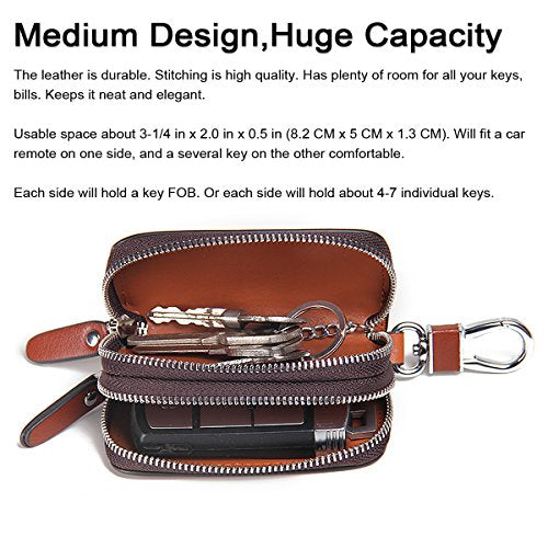 Car Key Case Keychain Holder Leather Metal Hook and Keyring Double Zipper Key Holder