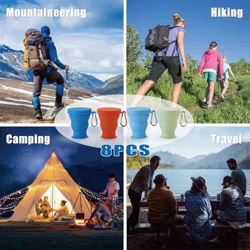 Silicone Collapsible Travel Cup Set 8 Pack Silicone Folding Camping Cup with Lids Foldable Drinking Cup Sets Portable Dishwasher Safe for Outdoor Hiking Travel Sport (8 Count)