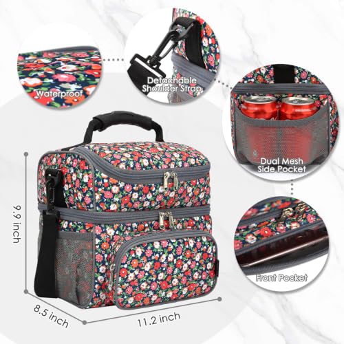 Double Layer Cooler Insulated Lunch Bag Adult Lunch Box Large Tote Bag for Men (Floral)