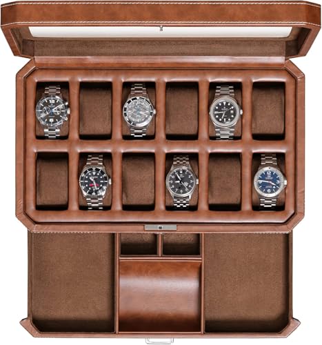 12 Slot Leather Watch Box with Valet Drawer