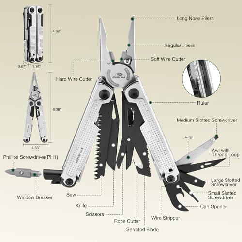 20-in-1 Multitool Pliers with Window Breaker, Stainless Steel