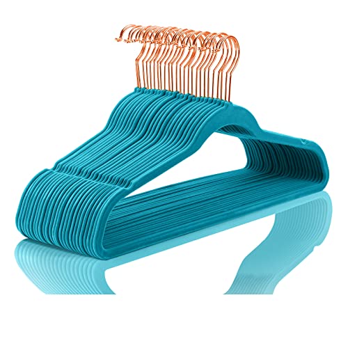 Velvet Hangers 50 Pack Non Slip Heavy Duty Teal Rose Gold Hooks (50 Count)