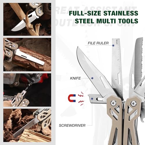 Multitool, 22-in-1 Stainless Steel Pliers with Screwdriver Sleeve, Desert Steel Handle, Self-locking Knife with Sheath-Perfect for Outdoor, Survival, Camping, Hiking, Simple Repair