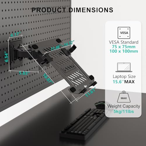 Articulating Pegboard Adjustable Mount for Laptop and Monitor 2 in 1 with Vented Tray