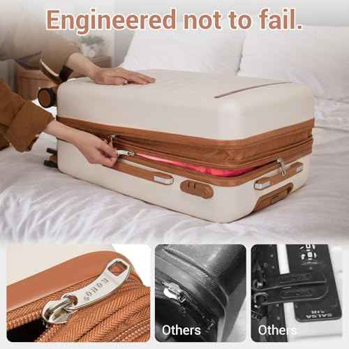 Checked Suitcase 24in Expandable ABS+PC Side Handles luggage Cream