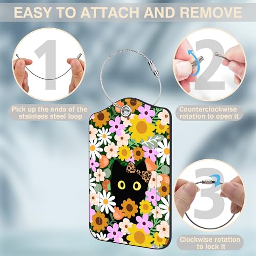 2 Pack Luggage Tags for Suitcases Cute Cat with Colorful Flowers Leather Luggage Tags Privacy Cover ID Label with Stainless Steel Loop and Address Card for Women Men Travel Bag Backpack (2 Count)