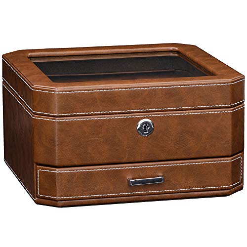 6 Slot Leather Watch Box with Valet Drawer