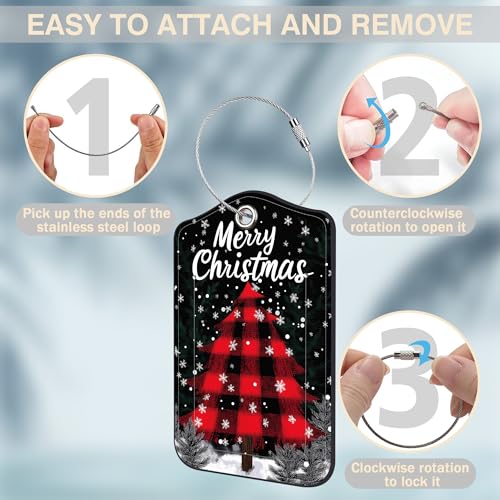 2 Pcs Red and Black Checkered Christmas Tree Luggage Tags for Suitcases PU Leather Truck Baggage Tags Name ID Label with Privacy Cover and Stainless Steel Loop for Men Women Travel Bag Suitcase (2 Count)