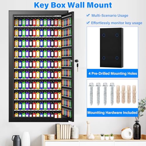 250 Keys Key Lock Box Wall Mount with Additional 24 Side Hooks and Key Tags