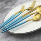 20-Piece 18/10 Stainless Steel Flatware Silverware, Luxury Dinnerware Set Travel Cutlery Tableware Include Knife Fork Spoon Service for 4, Dishwasher Safe (Blue Handle Matte Gold) (4 Count)