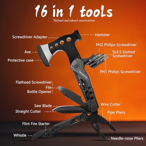 16 in 1 Multitool Camping Survival Gear with Axe Saw Pliers Whistle Hammer
