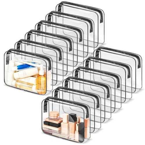 12 Pcs Clear Cosmetic Bag PVC Waterproof Zippered Clear Toiletry Carry Pouch Cosmetic Makeup Bag for Women Men Vinyl Plastic Organizer Case for Vacation Bathroom (12 Count)