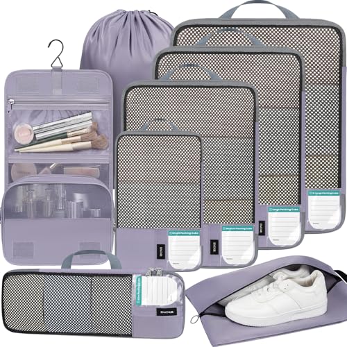 4 Set/6 Set/8 Set Compression Packing Cubes Travel Accessories Expandable Packing Organizers(HalfMesh,8-Dusty Purple)