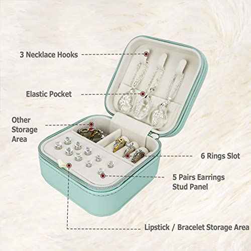 2 Pack】 PU Leather Travel Small Portable Mini Travel Jewelry Organizer for Rings Necklaces Earrings and Lipstick Green and Pink (2 Count)