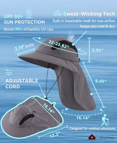 UPF 50+ Sun Hats for Men Women Wide Brim Fishing Hat with Neck Flap Summer Beach Safari UV Protection Bucket Hat Gardening Dark Grey