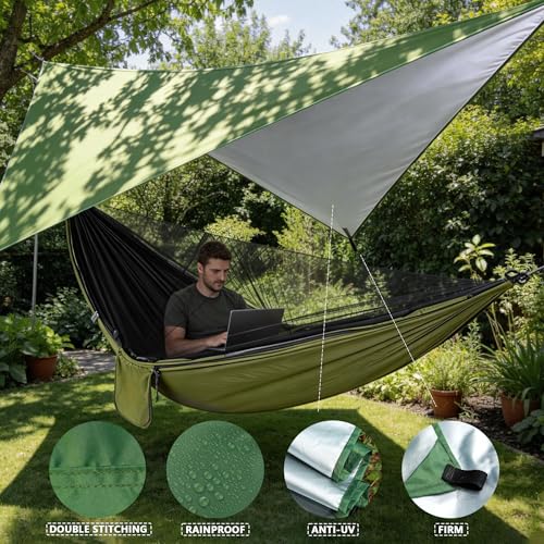Camping Hammock with Rain Fly Tarp Mosquito Net Heavy Duty Tree Straps Portable Double Parachute Hammock Tent Waterproof Rainfly Set 660lbs Maximum Weight