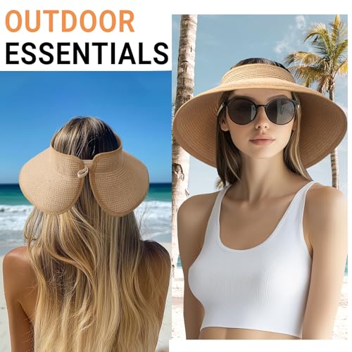 Sun Visor Hats for Women Wide Brim Straw Packable Beach Hat White