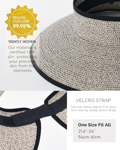 Womens Sun Hat with Ponytail Hole Wide Brim Beach Straw Visor