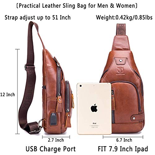Leather Sling Bag Mens Chest Bag Casual Shoulder Crossbody Bags Travel Hiking Backpacks Daypack with USB Charging Port