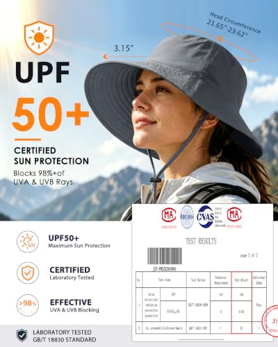 Water Resistant UPF 50+ Sun Bucket Hat Packable Brimmed for Women Men Grey