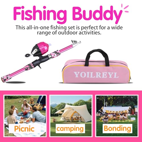 Collapsible Telescopic Fishing Rod and Reel Combo Push Button Small Fishing Pole Kit Beginner Youth Girls Fishing Starter Set Tackle