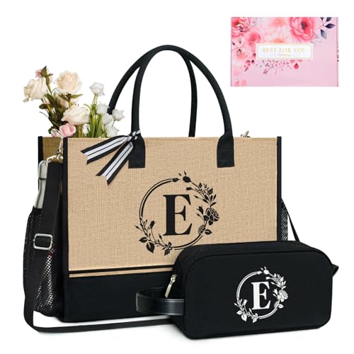 Personalized Initial Jute Tote Bag with 5 Pockets