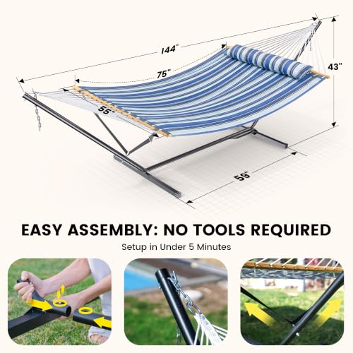 Double Hammock with Stand 500lbs Heavy Duty Outdoor Two Person Blue