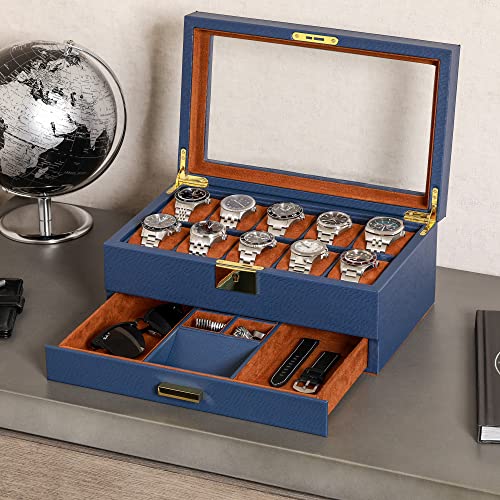 10 Slot Watch Box in Leather with Valet Drawer