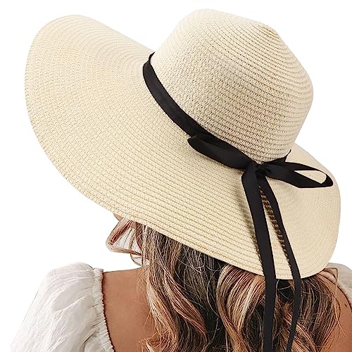 Womens Straw Hat Foldable Wide Brim Floppy Beach Sun Hat for Women Roll up Cap UPF 50+ Adjustable Strap Vacation