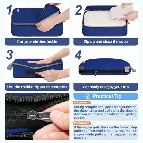 4 Set/6 Set/8 Set Compression Packing Cubes Travel Accessories Expandable Packing Organizers (Cloth Pattern, 4-Navy)