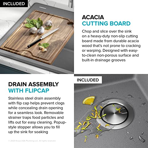 Bellucci 28 inch Granite Workstation Drop In Top Mount Single Bowl Kitchen Sink in Metallic Grey with Accessories