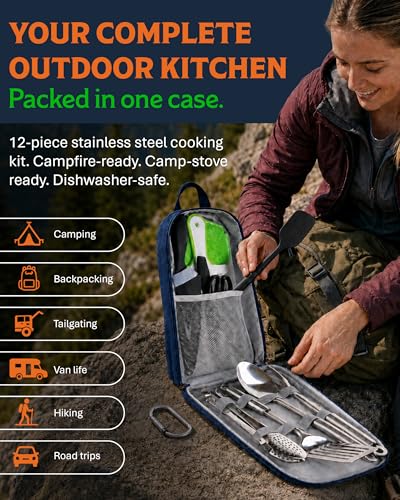 12 Pcs Camp Cooking Utensil Set & Outdoor Kitchen Gear Cookware Kit