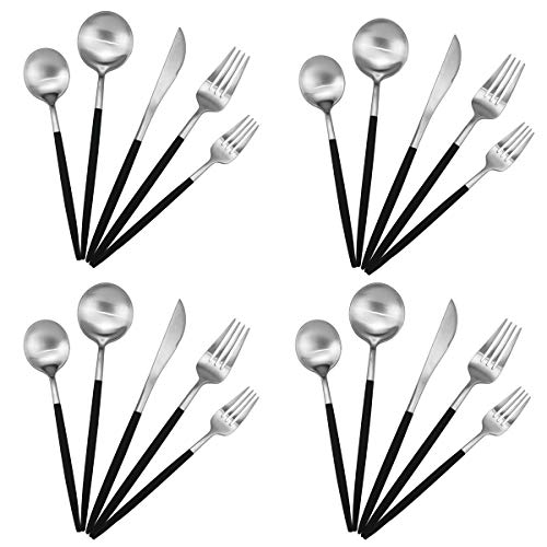 20-Piece 18/10 Stainless Steel Flatware Silverware, Luxury Dinnerware Set Travel Cutlery Tableware Include Knife Fork Spoon Service for 4, Dishwasher Safe (Black Handle Matte Silver) (4 Count)