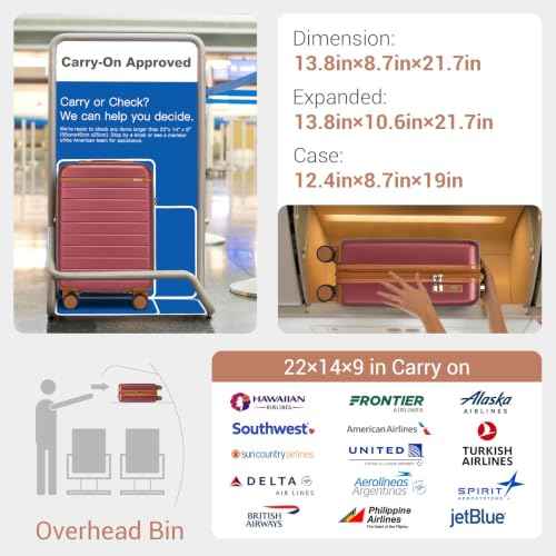 Carry On Suitcase 20in Expandable ABS+PC Airline Approved Burgundy