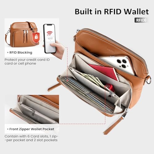 Genuine Leather Crossbody Bags for Women Travel Wallet Purse Brown