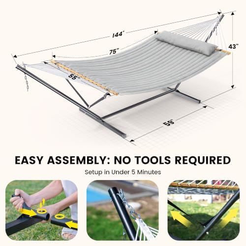 Double Hammock with Stand 500lbs Heavy Duty Outdoor Two Person Gray