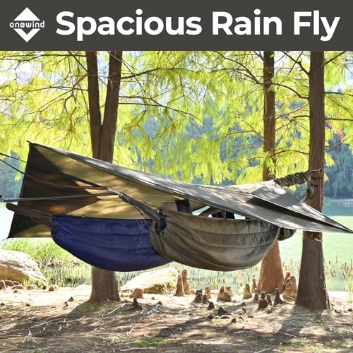 Camping Hammock with Rain Fly and Bug Net Portable Lightweight 11ft Double Hammock with 12ft Ultralight Silnylon Tarp and Mosquito Net Ridgeline 12Ft Tree Straps for Camping Hiking Backpacking