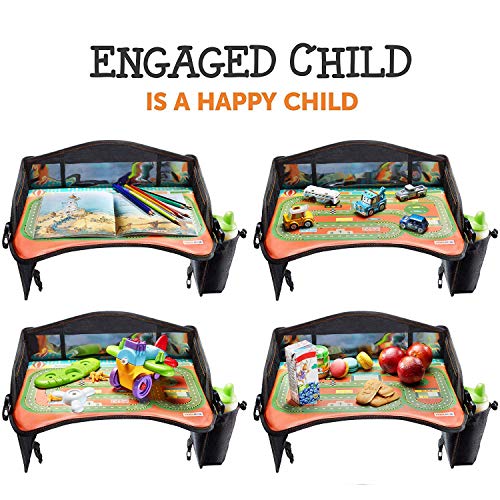 2-in-1 Kids Toddler Travel Tray & Back Seat Organizer — Foldable Waterproof Car Tray with Tablet Holder, Cup Holder, Storage Pockets for Road Trips & Airplane (Premium Black)