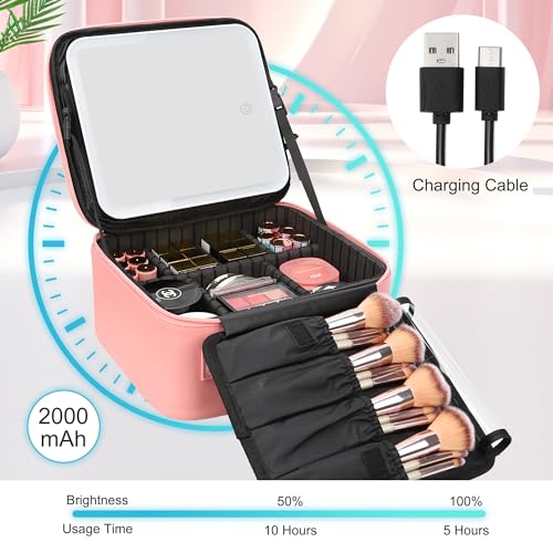 Travel Makeup Bag With LED Mirror Portable Travel Makeup Organizer 3 Color Adjustable Brightness Waterproof Cosmetic Train Case with Removable Dividers Makeup Storage for Women