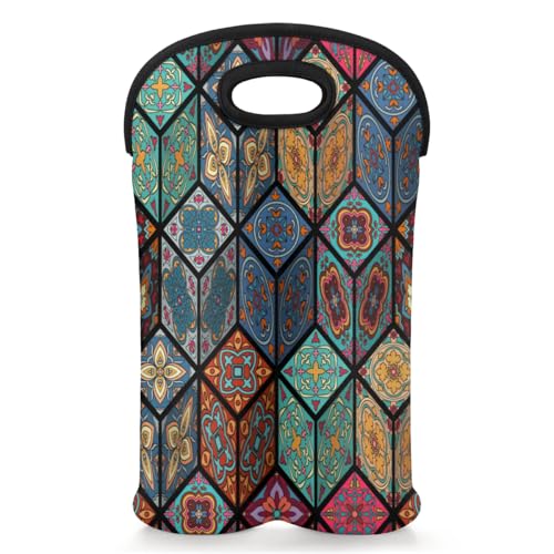 Square Mandala 2 Bottle Wine Carrier Tote Bag Insulated Wine Bottles Neoprene Bag with Secure Carry Handle Portable Wine Cooler Bag for Travel Picnic Beach (2 Count)