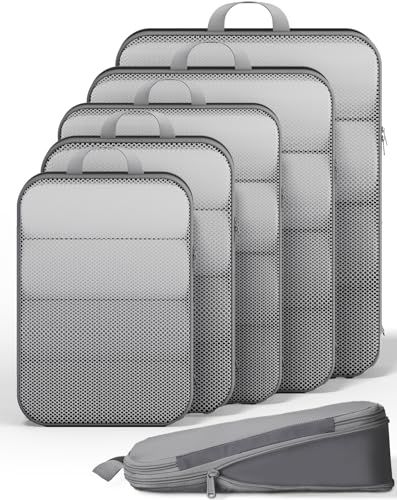 6/9/11 Set Compression Packing Cubes for Travel Essentials,Compressible Expandable Large Luggage Suitcase Organizer Bags for Clothing,Space Saver Bags with Over 1000 pcs of Mesh Holes(Gray) (6 Count)